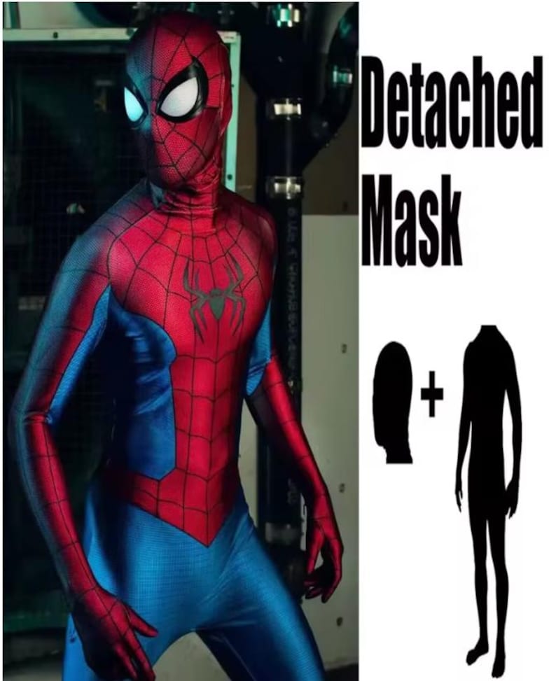 May include: A red and blue Spider-Man costume with a detached mask. The costume features a spider emblem on the chest and a web pattern. The text "Detached Mask" is displayed next to the costume.
