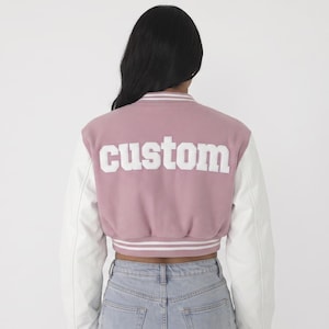 Pink Cropped Varsity Jacket, Custom Chenille Letter Patch Bomber