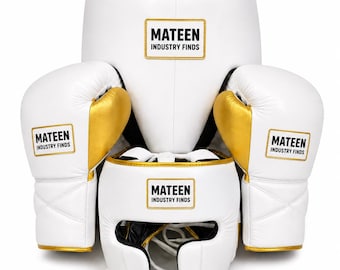 White Gold Boxing Gear Set Gloves Headgear Groin Guard for Training