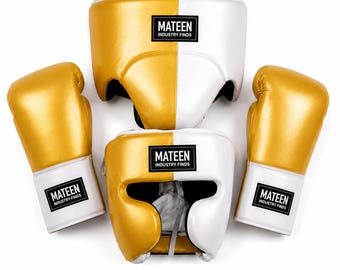 Boksuitrusting: handschoenen, hoofdbeschermer, kruisbeschermer, bokstraining, sparren, kickboksen, Muay Thai, MMA