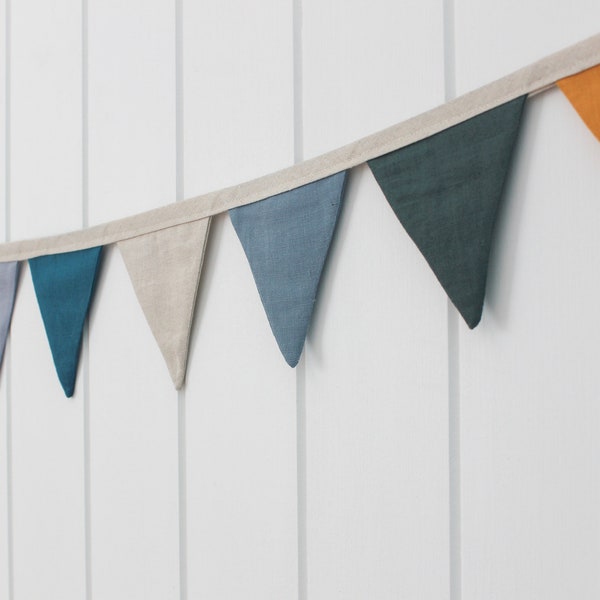mini fabric bunting flag banner - taupe linen, smoky blue, mustard, forest green