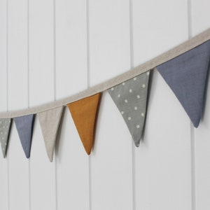 mini fabric bunting flag banner - taupe linen, smoky blue, mustard, faded green