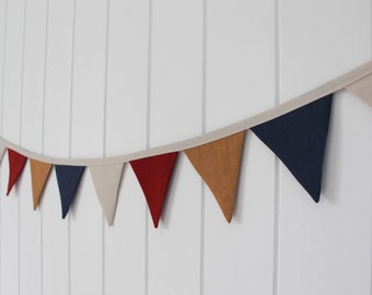 mini fabric bunting flag banner - natural linen, navy, mustard, rust