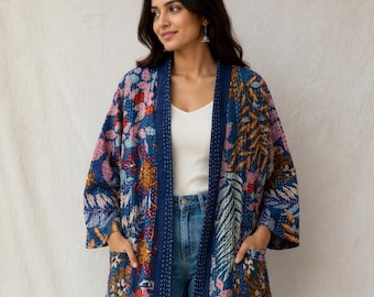 Handmade Kantha Kimono Robe, Floral Patchwork Cotton Jacket, Indian Boho Kaftan