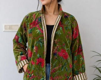 Green Floral Velvet Jacket, Bird Print Boho Artisan Coat, Handmade Indian Ethnic Style