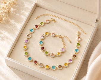 Colorful Crystal Jewelry Set with Necklace Bracelet Earrings for Women and Gifts