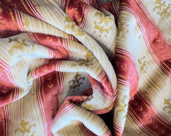 Striped Red and Gold Velvet Tapestry Jacquard Fabric with Golden Fleur de Lys