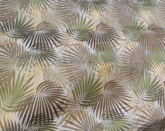 Sage Green, Gold, and Brown Palm Frond Design Woven Jacquard Drapery Upholstery Fabric