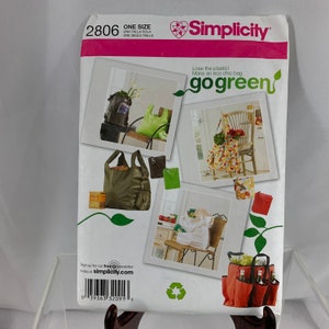 May include: Simplicity sewing pattern number 2806, titled "go green", featuring a variety of reusable shopping bags. The pattern includes instructions for making a variety of bags, including a tote bag, a foldable bag, and a bag with a built-in cooler.