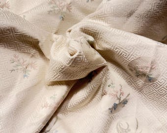 Woven Damask Fabric, Off-White, Greek Key and Embroidered Flowers, for Sewing