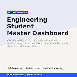 May include: A digital product advertisement for an Engineering Student Master Dashboard Notion template. The design features a white background with blue accents and text. The title is in large, bold, black font. The description highlights the template's features and benefits.