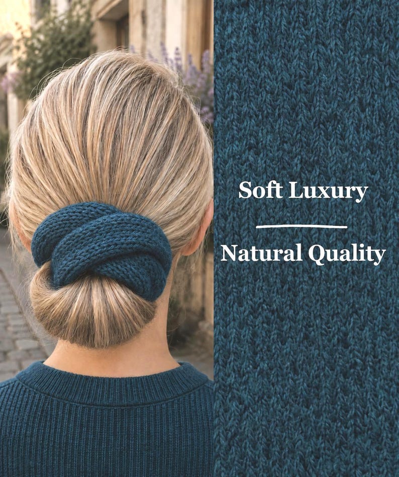 May include: A dark teal knitted hair accessory wrapped around a bun, featuring a textured yarn construction. The image includes the text "Soft Luxury" and "Natural Quality" displayed over a close-up view of the same dark teal knitted fabric.