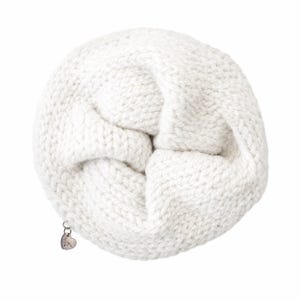 May include: A round, off-white knitted accessory with a thick, textured yarn construction. The item features a small, metallic, heart-shaped charm attached to the edge by a silver-toned jump ring, adding a subtle detail to the circular knit piece.