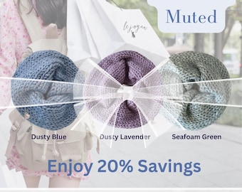 May include: Three chunky knit infinity scarves in dusty blue, dusty lavender, and seafoam green. The image includes text reading Cool and Muted, Enjoy 20% Savings, and SUMMER COLOR PALETTE, along with the brand name le jogan on a white bag.