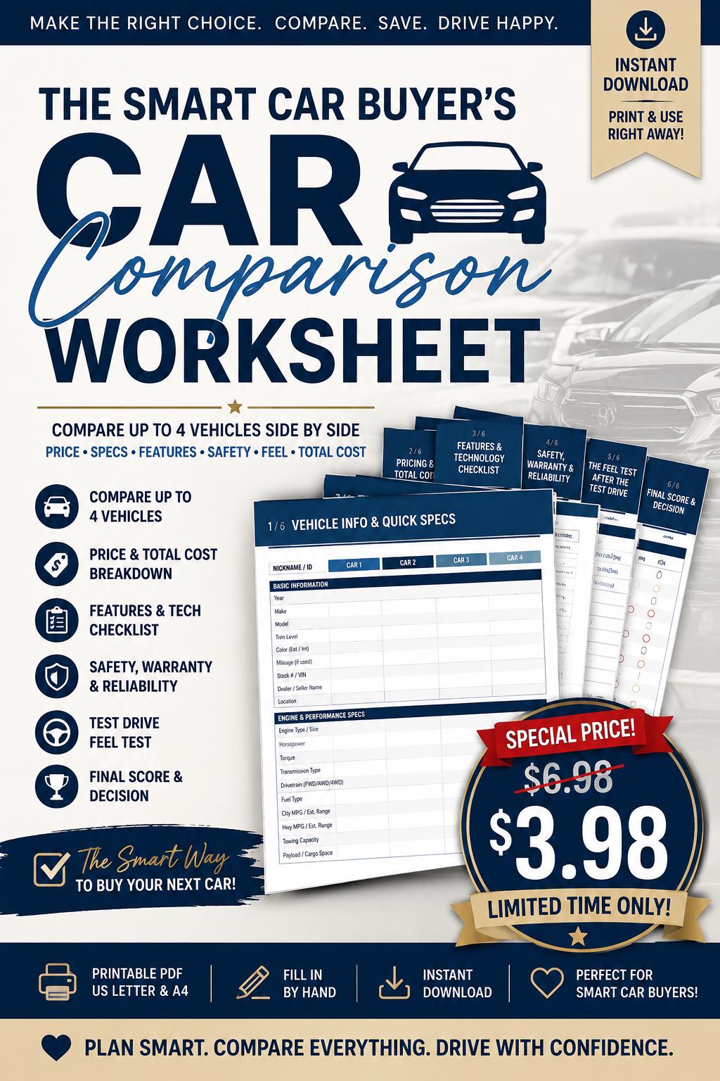 Car Comparison Worksheet Printable PDF | Car Buying Checklist | Vehicle ...