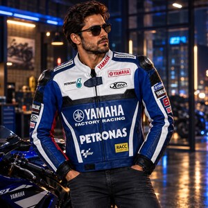 Puede incluir: Una chaqueta de moto de cuero azul, blanca y negra con logotipos de Yamaha Factory Racing y Petronas. La chaqueta incluye varios logotipos de patrocinadores, un cuello mao con cierre de broche y acolchado protector en los hombros.