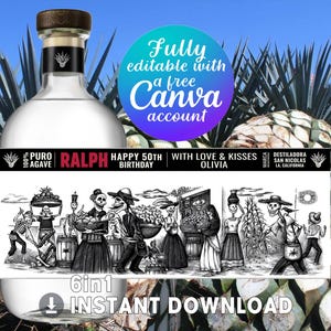 May include: A clear glass bottle of tequila with a wooden stopper, featuring a black and white label with the text "RALPH HAPPY 50TH BIRTHDAY". The label includes a Day of the Dead themed illustration and the words "INSTANT DOWNLOAD".