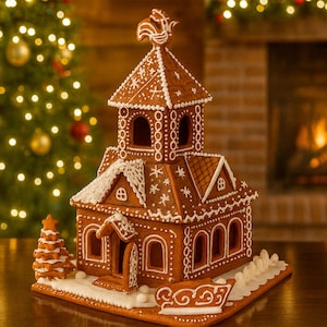 May include: A gingerbread house with a tall central tower topped by a rooster weather vane. The brown structure features white icing details, including arched windows, roof patterns, a small tree, and a sleigh on the base.