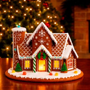 May include: A gingerbread house with white icing details, including snowflakes on the roof and a wreath above the door. The structure features a tall chimney, green icing trees, and colorful gumdrop accents on a white icing base with a light inside.