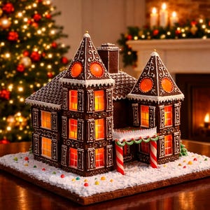 May include: A large gingerbread house featuring dark brown walls with white icing scrollwork, multiple illuminated windows, and two pointed towers. The structure sits on a white icing base decorated with small colourful candies and candy cane pillars.