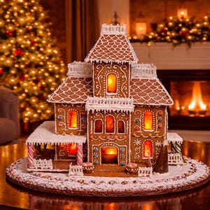 Könnte beinhalten: Ein mehrstöckiges Lebkuchenhaus mit braunen Wänden, weißen Zuckergussverzierungen, einem geschindelten Dach und beleuchteten Fenstern. Das Bauwerk steht auf einer runden Basis, die mit kleinen Süßigkeiten und filigranen Verzierungen geschmückt ist.