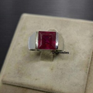 Princess Cut Lab Grown Ruby Men's Ring, 925 Sterling Silver Signet Ring, Men's Square Ruby Ring, Men's Daily Wear Stackable Ring, Gift Ring