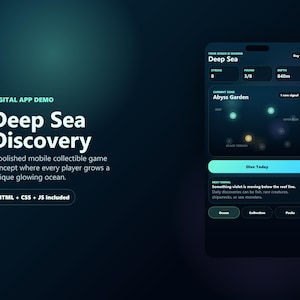 Può includere: Una demo di app digitale intitolata Deep Sea Discovery con un'interfaccia mobile a tema blu scuro. Lo schermo mostra le statistiche di gioco, una mappa Abyss Garden con sfere luminose, un pulsante Dive Today e del testo informativo.