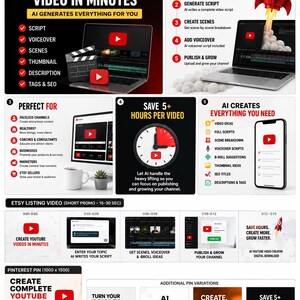 May include: Infographic promoting an AI-powered YouTube video creator. It highlights features like script generation, voiceovers, and SEO optimization. The graphic uses red and black colors with laptop and rocket illustrations.
