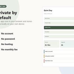 May include: A digital interface with the text "Quiet Day" and "Private by default." The interface displays a realistic plan with options like "Brain Dump" and "Reality Check." It also lists "No account," "No password," "No hosting," and "No monthly fee."