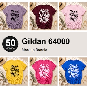 Gildan 64000 Flat Lay Mockup-Bundle | 50 Farben (Digitaler Download)