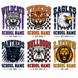 May include: Six graphic designs featuring animal mascots including a wildcat, tiger, eagle, panther, bulldog, and lion. Each design includes the text SCHOOL NAME and EST. 2026, with unique colour schemes and patterns like stripes, checkers, and stars.
