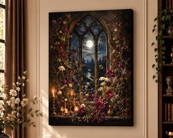 May include: A rectangular wall art print depicting a gothic arched window at night with a full moon, dark forest, and river. The scene is framed by vibrant purple, red, and white flowers, with glowing candles placed on the stone window ledge.