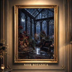Snowy Gothic Conservatory Wall Art, Dark Academia Winter Canvas Print, Moonlit Botanical Greenhouse Artwork, Victorian Glasshouse Home Decor