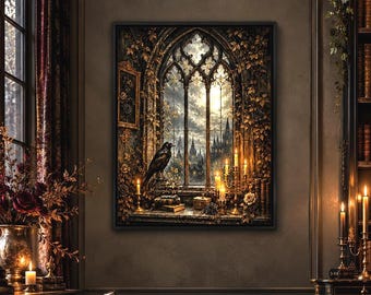 May include: A framed wall art print depicting a gothic arched window overlooking a distant castle under a cloudy sky. A black raven sits on the windowsill beside lit candles, books, and climbing vines. The scene is rendered in dark, warm tones.