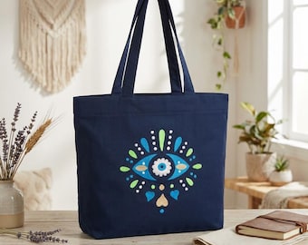 Nazar Battu Evil Eye Embroidered Cotton Canvas Tote Bag with Zip Closure, 17 x 14 Inch Shoulder Bag with Inner Pocket, Machine Washable Unis