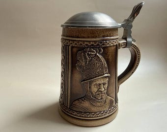 ビールジョッキ - ピューター製の蓋が付いた磁器製 - BMF オリジナル