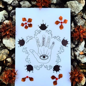 May include: A white rectangular paper featuring a central black ink drawing of a human hand with an eye on the palm, surrounded by scientific formulas and fractal patterns. The hand contains internal illustrations of a DNA helix and bone structure.