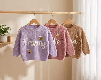 オーダーメイドのベビープルオーバー、手編みのベビーセーター、刺繍入りの幼児用セーター、ベビー用品、子供用品ギフト