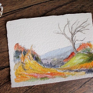 Originalkunst 15x20 Landschaft Aquarell - Pastell Winterlandschaft mit Baum und Hügeln, Geschenk für Kunstliebhaber