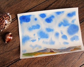 Original Art 5x7 Landscape Watercolor - Landscape with Big Blue Skies and Mountains, Gift For Sky Lover, Cloud Lover, Art Lover