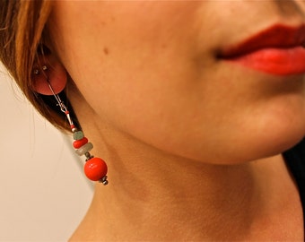 Cherry Red and Jade Dangly Beaded Earrings: Red European Glass Round Beads, Jade Pebble Beads and Silver Details