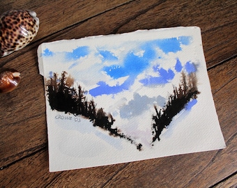 Original Art 5x7 Winter Landscape Watercolor - Winterscape with Cloudy Blue Skies, Gift for Winter Lover, Skier, Snowboarder, Art Lover