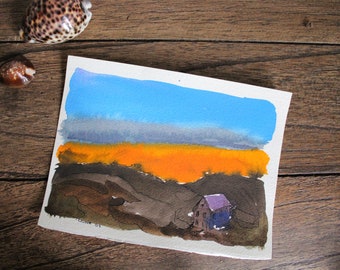 Original 5x7 Landscape Watercolor - Colorful Sunset Landscape with a House, Original Art, Orange and Blue Landscape Painting