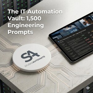 Może przedstawiać: Cyfrowy tablet wyświetla tekst "The IT Automation Vault: 1,500 - Engineering Prompts." Biały okrągły obiekt z logo "SA STUDIOAUTOMATE" znajduje się na pierwszym planie. Obraz ma motyw technologiczny z liniami przypominającymi obwody drukowane.