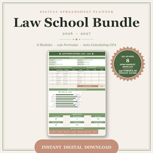 May include: A digital spreadsheet planner titled "Law School Bundle 2026-2027" with 8 modules, 246 formulas, and auto-calculating GPA. The design includes a green and beige color scheme with the text "Instant Digital Download."