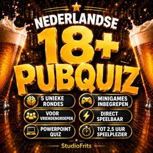 Peut inclure: Un graphique numérique pour un quiz de pub néerlandais 18+ avec deux verres de bière, du texte doré en 3D et six boutons noirs avec icônes et texte, dont 5 UNIEKE RONDES, MINIGAMES INBEGREPEN, VOOR VRIENDENGROEPEN, DIRECT SPEELBAAR, POWERPOINT QUIZ et TOT 2,5 UUR SPEELPLEZIER.