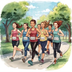 May include: Illustration of a group of women running in a park. They wear athletic attire and race bibs with numbers. The scene is set on a paved path with trees and a blue sky.