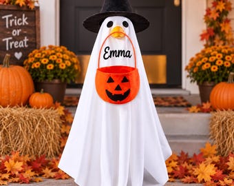 Disfraz personalizado de ganso para porche de Halloween, disfraz de fantasma de 58 cm con sombrero de bruja y bolsa de calabaza.