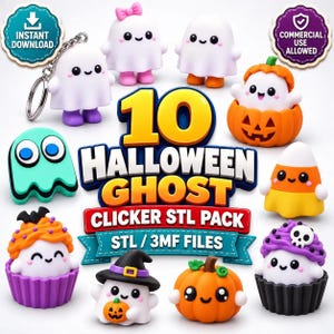 May include: A digital collection of 10 Halloween ghost clicker STL and 3MF files featuring various white ghost figures, including ghosts in pumpkin shells, ghosts in cupcake liners, a candy corn ghost, and a ghost with a witch hat and keychain.