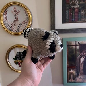 May include: A small, plush, crocheted raccoon toy made from soft, textured light grey yarn. It features a black and white striped tail, black eye patches, a small black nose, and black paws. The stuffed animal has a rounded, compact body shape.